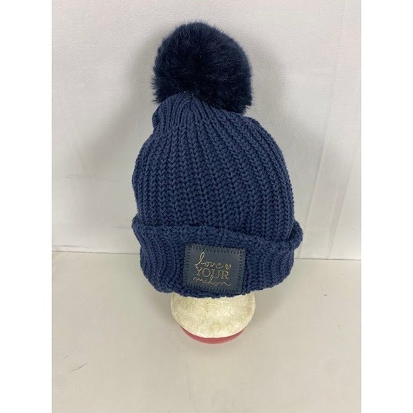 Love Your Melon Accessories - Love Your Melon Navy Blue Knit Beanie Faux Fur Pom Pom Cuffed‎ Winter Hat USA